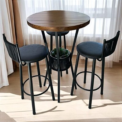 Mesa Bistrô Bar Preto/Ripado 0,70 m com 3 Banquetas Bete Preto Fosco - Paonanda