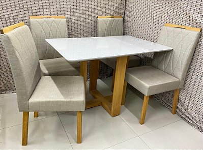 Mesa Pietro/Evelin 90x90 Tampo MDF/Vidro + 04 Cadeiras - Carvalho Decor