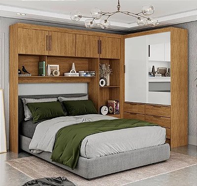 Modulado 4 Portas Freijó + Guarda-Roupa 2 Portas Sevilha Plus(Com espelho) Freijó/Branco