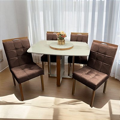 Mesa Atlas Mel/Off White Canto Barril 120×90 com 4 Cadeiras Sophia Mel/Veludo Marrom