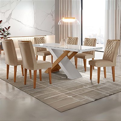 Mesa Imperatriz 180 Canto Copo Imbuia/Off White com 6 Cadeiras Jade Linho Turim - Rufato