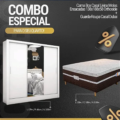 Roupeiro Dubai C/Espelho 3 Pts. 3 Gav. Branco Larg. 1.79m Carioca + Cama Box Casal Livina Molas Ensacadas 138x188x58 Orthoside