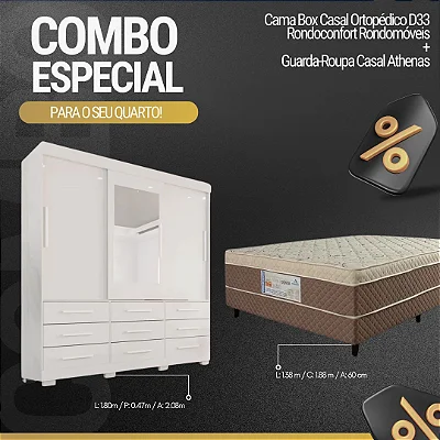 Roupeiro Athenas C/Espelho 3 Pts. 9 Gav. Branco Larg. 1.80m C/Pés Bianchi + Cama Box Casal Ortopédico D33 Rondoconfort Rondomóveis