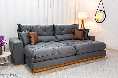 Retrátil Reclinável 2.90m Gran Bello Veludo Cinza - D33 e Molas Ensacadas