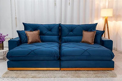 Retrátil Reclinável 2.90m Gran Bello Veludo Azul - D33 e Molas Ensacadas