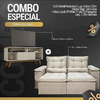 Retrátil Reclinável Grécia 2.00m Veludo Bege - Sem Caixa + Rack Lazuli Off White TV até 55 Pol. Larg. 1.35m Bechara