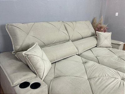 Retrátil e Reclinável Milano Molas Ensacadas 2.50m Com Porta Copos  Bege Veludo