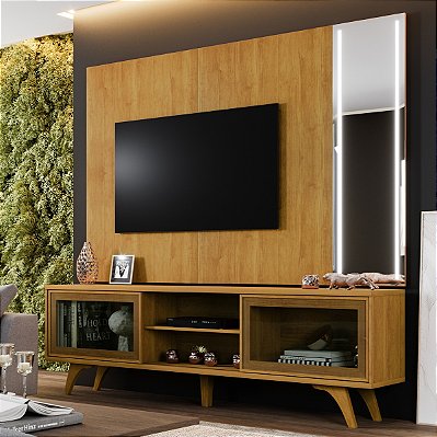 Rack com Painel Vitrum 100% MDF com Espelho e Led 2.18m Tv até 75" Naturale - Mavaular