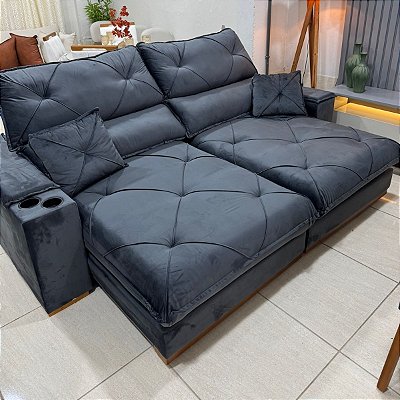 Retrátil e Reclinável Milano Molas Ensacadas 2.50m Com Porta Copos Veludo Cinza