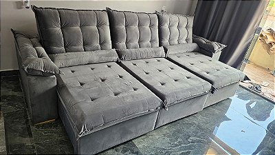Sofá Retrátil Reclinável Emanuelly Veludo Cinza 20 Larg. 3.20m - D28 Soft