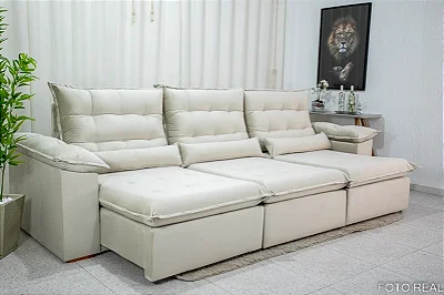 Sofá Retrátil Reclinável Emanuelly Veludo Bege 01 Larg. 3.20m - D28 Soft