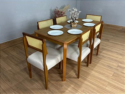 Mesa de Jantar Alegra 1.60×0.80 Com 6 Cadeiras Grécia – Cinamomo/Bege