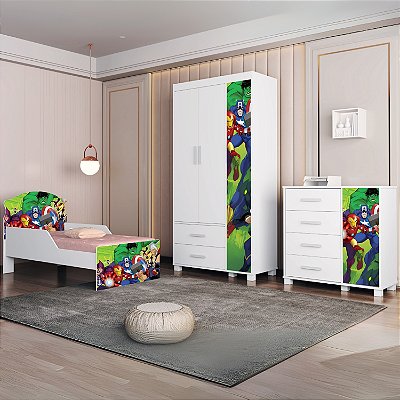 Guarda-Roupa 4 Portas Lívia + Cômoda Lívia + Mini Cama Juvenil Lívia (Menino) Vingadores 404188 100% MDF