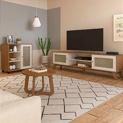 Sala de Estar Completa para Tv até 75 Polegadas Charlotte 3 Portas Cinamomo/off White - Artely Móvei Marrom Claro
