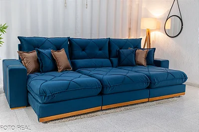 Retrátil Reclinável Gran Bello 3.20m Veludo Azul - D33 e Molas Ensacadas