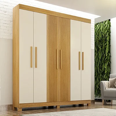 Roupeiro Andorinha Frisado 100% MDF 06 Portas e 02 gavetas 1.85m  Cinamomo/Off White- Valdemoveis
