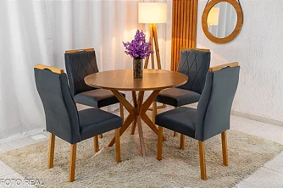 Mesa de Jantar Simpatia Tampo Redondo 108×108 Cinamomo 4 Cad. Lisboa Veludo Cinza  507 Madeira Maciça