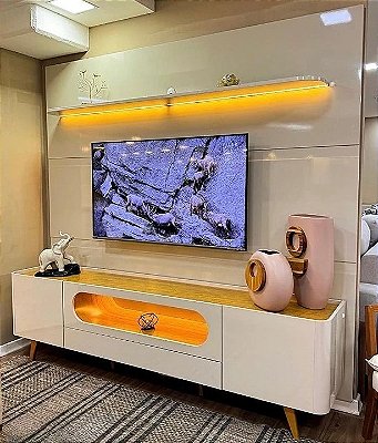 Painel até 85″ Royal 220 Off White + Rack Nobre 210 (Pés de Madeira) Off White/Naturale – Gelius