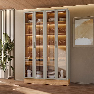 Cristaleira Dupla Allure com LED 100% MDF (Kit com 2) Jequitibá/Gris Fosco - Linea Brasil