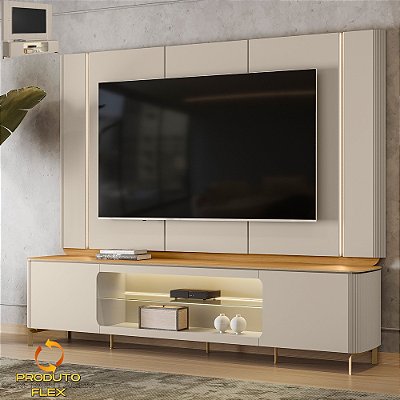 Painel + Rack Santorini Off White/Tauari Fosco (Flex) 2.29m com LED Tv 75- Linea Brasil