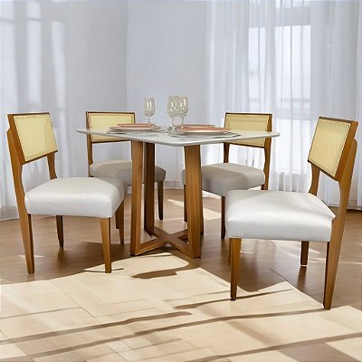 Mesa Bali 90 Cinamono/Off White com 4 Cadeiras Grécia Linho Bege