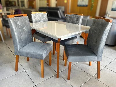 Mesa de Jantar Abeille 1.14×0.93 c/ 4 Cadeiras Jasmim – Naturale/Off White/ Cinza Veludo