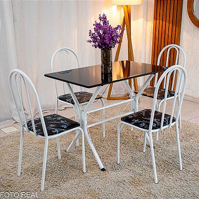 Mesa de Cozinha Base Cabo Frio Branca Tampo Preto Pedra 100x60 4 Cadeiras Ubatuba Branca Assento Preto - Teixeira