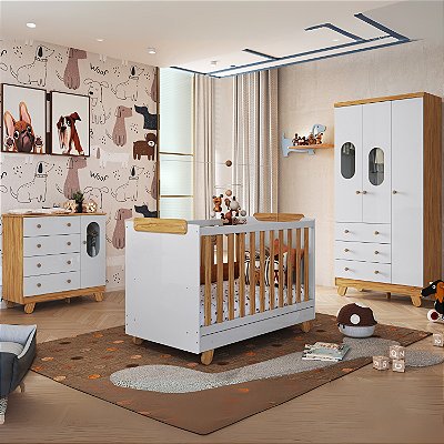 Guarda-Roupa 3 Portas + Cômoda + Berço Pingo  100% MDF - Amêndoa/Branco Brilho Peroba