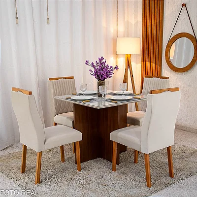 Mesa de Jantar Helo 90×90 Tampo MDF Vidro Off 4 Cad. Genova Veludo Bege 512 Madeira Maciça - Entregue Montada