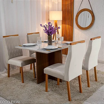 Mesa de Jantar Helo 120×90 Tampo MDF Vidro Off 4 Cad. Genova Veludo Bege 512 Madeira Maciça - Entregue Montada