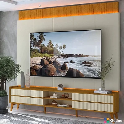 Rack Magnífico 212 + Painel Magnífico 220 Nature/Off C/LED e Detalhe Ripado Larg. 2.18m Gelius