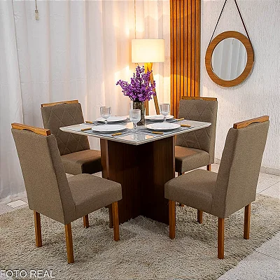 Mesa de Jantar Helo 90×90 Tampo MDF Vidro Off 4 Cad. Diamante Linho Capuccino 29033 Madeira Maciça - Entregue Montada