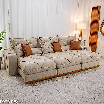 Retrátil Reclinável Gran Bello 3.20m Linho Bege - Molas Ensacadas