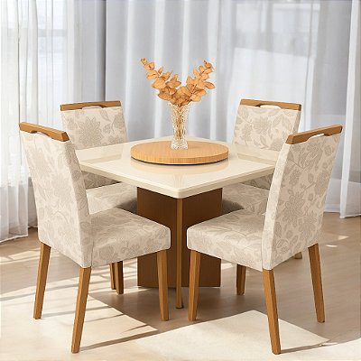 Mesa Salinas 90x90 Vidro Cinamomo/Off White com 4 Cadeiras Samantha Veludo