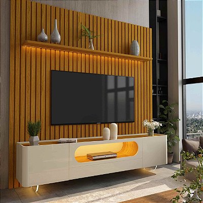 DUPLICADO - Rack com Painel Nobre Pés em Vidro  Tv até 85" Natuirale/ Off White - Gelius