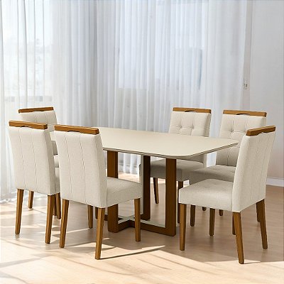 Mesa Atlas Mel/Off White Canto Copo 160×80 com 6 Cadeiras Sophia Linho Bege
