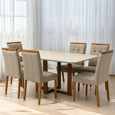 Mesa Atlas Mel/Off White Canto Copo 160×80 com 6 Cadeiras Sophia Veludo Bege