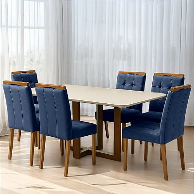 Mesa Atlas Mel/Off White Canto Copo 160×80 com 6 Cadeiras Sophia Veludo Azul