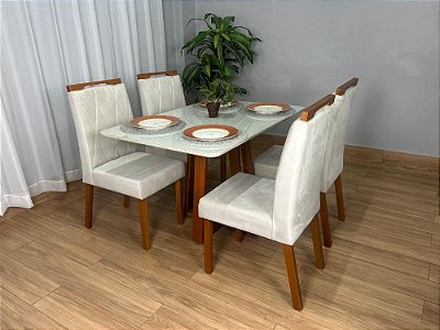 Mesa de Jantar Bali 1.20×0.80 Com 4 Cadeiras Isa – Cinamomo/Off White/Bege Veludo