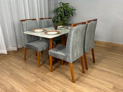 Mesa de Jantar Bali 1.20×0.80 Com 4 Cadeiras Isa – Cinamomo/Off White/Cinza Veludo