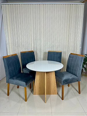 Mesa Narnia Tampo Vidro Redondo 90cm + 04 Cadeiras Rubi - Carvalho Decor