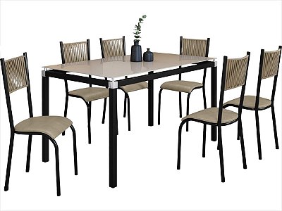 Conjunto Mesa Metalon 140x75 Preto com Tampo Vidro Off+ 06 Cadeiras Mariana - Paonanda