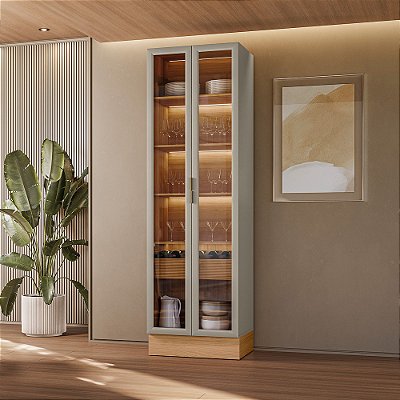Cristaleira Allure 70cm 100% MDF com Led e Rodapé Jequitibá/Gris Fosco - Linea Brasil