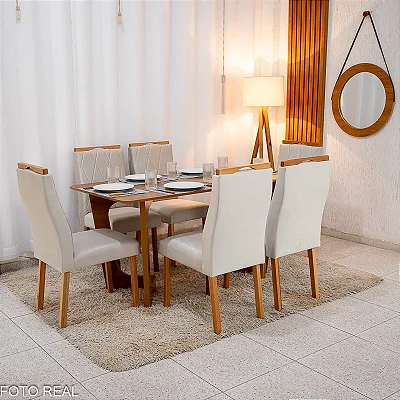 Mesa de Jantar Dubai Tampo Londres Cinamomo 160x80 6 Cadeiras Lisboa Madeira Maciça