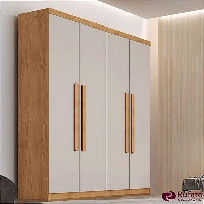 Roupeiro Império 4 Portas 3 Gavetas Larg. 1.80m 100% MDF Nature/Off White - Rufato