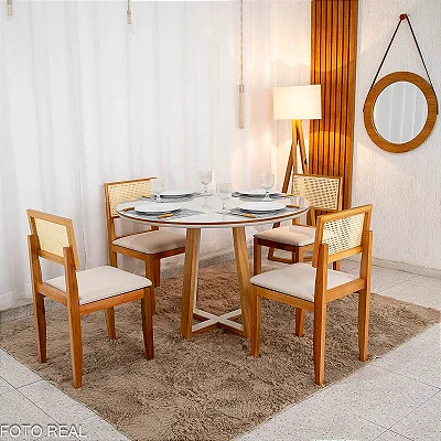 Mesa de Jantar Atlanta Cinamomo/Off Tampo Redondo Vidro Off 120x120 4 Santorini Linho Bege Madeira Maciça - Minas Plac