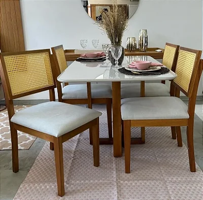 Mesa Pedro 120x80 Vidro Com 04 Cadeiras Monalisa Telinha Linho em Madeira Maciça