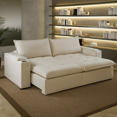 Sofá Cama Julia/Juliana 2.20m Molas Ensacadas, Carregador de Indução e Porta Copos