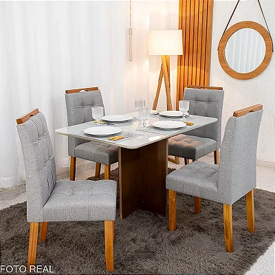 Mesa de Jantar Moscou 120x80 Cinamomo/Off Tampo Vidro Off 4 Cadeiras Londres  Madeira Maciça - Minas Plac
