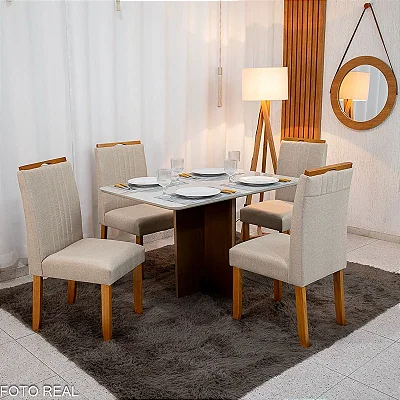 Mesa de Jantar Moscou 120x80 Cinamomo/Off Tampo Vidro Off 4 Cadeiras Atlanta Linho Bege Cru Madeira Maciça Minas Plac